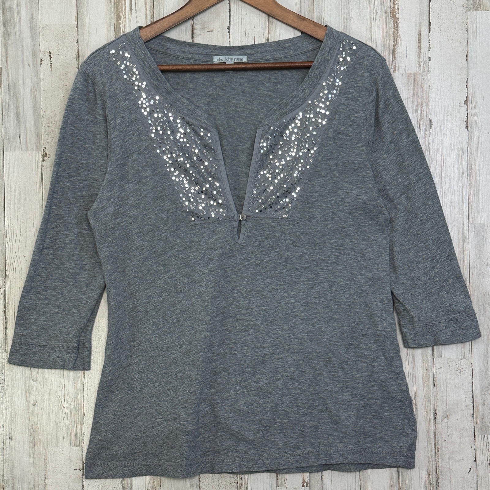 Charlotte Russe Sequined Blouse Medium Gray Silver Retro Glam Going Out Top Euc